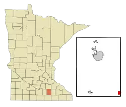 Location of Blooming Prairie within Steele and Dodge Counties in the state of Minnesota