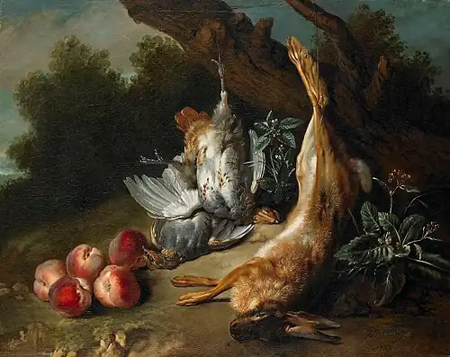 Still Life with Dead Game and Peaches in a Landscape, (1727), 80 x 100.3&nbsp;cm., Birmingham Museum of Art