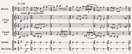 Sheet music showing six bars of music; each bar changes from 2/4 to 3/4, and the melody doesn't always fall on the first beat, showing a constant shift in accents