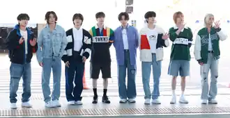 The eight members of Stray Kids, looking forward.