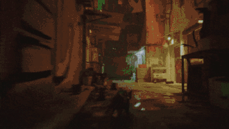 A cat runs through a street and leaps upwards, onto a box, a tin awning, an air conditioning unit, and onto a roof surrounded by greenery.