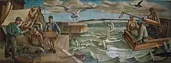 Fishermen drying a net and hauling lake trout; 1940 mural in the Sturgeon Bay Post Office.