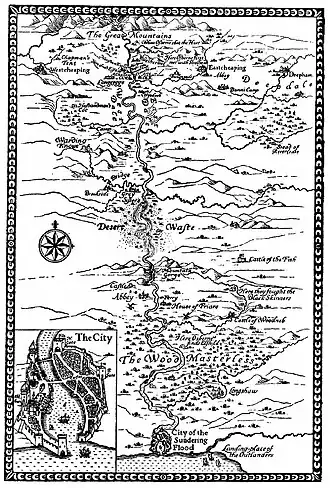 First modern-style fantasy map: the Frontispiece map in William Morris's 1897 The Sundering Flood[21]