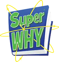 The series' logo. It features the words "Super WHY" written in a green font, with the exclamation point being larger. A blue book with three yellow rings surrounding it is behind the words.