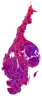 Cartogram of vote with each municipality rescaled in proportion to number of valid votes cast. Deeper blue represents a relative majority for the centre-right coalition, brighter red represents a relative majority for the left-wing coalition.