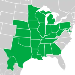Symphyotrichum drummondii distribution map: Mexico — Coahuila; US — Alabama, Arkansas, Georgia, Illinois, Indiana, Iowa, Kansas, Kentucky, Louisiana, Maryland, Michigan, Minnesota, Mississippi, Missouri, Nebraska, Ohio, Oklahoma, Pennsylvania, Tennessee, Texas, West Virginia, and Wisconsin.