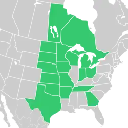 Symphyotrichum sericeum native distribution map: Canada — Manitoba and Ontario; US — Arkansas, Georgia, Indiana, Iowa, Kansas, Michigan, Minnesota, Missouri, Nebraska, North Dakota, Ohio, Oklahoma, South Dakota, Tennessee, Texas, and Wisconsin.