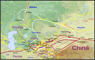 Approximate borders of Türgesh Khaganate (white line).[note 1]