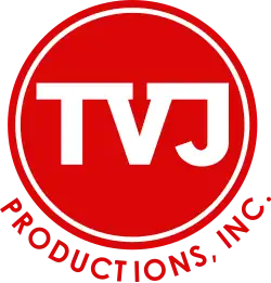 The image is a logo featuring a red circle with a white border. Inside the circle, the letters "TVJ" are displayed in white. Below the circle, the text "PRODUCTIONS, INC." is written in red.
