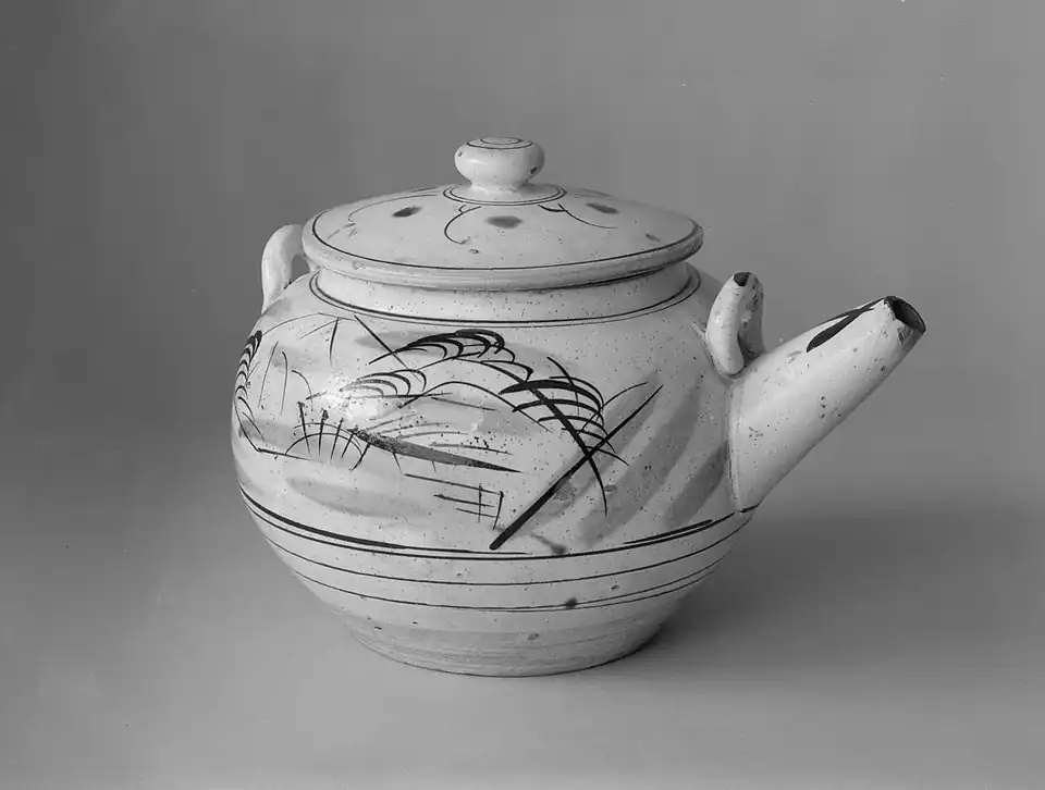 Ko-Mashiko stoneware teapot mado-e dobin ("window picture"), Taisho/Showa era, c. 1915–35