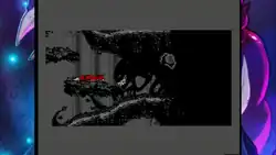 This screenshot shows the demon smiling at Nymn while he's sleeping. The background is black and white.
