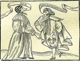 A man bows before an elegantly dressed woman with a pig's head. The man says "God save you sweet mistress"; the woman replies "Ough".