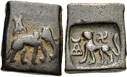 Taxila coin with elephant and lion (185-168 BCE)
