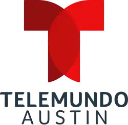 The Telemundo network logo, two red shapes forming a symmetrical letter T, above the words "Telemundo" and "Austin" in an off-black color on two separate lines.