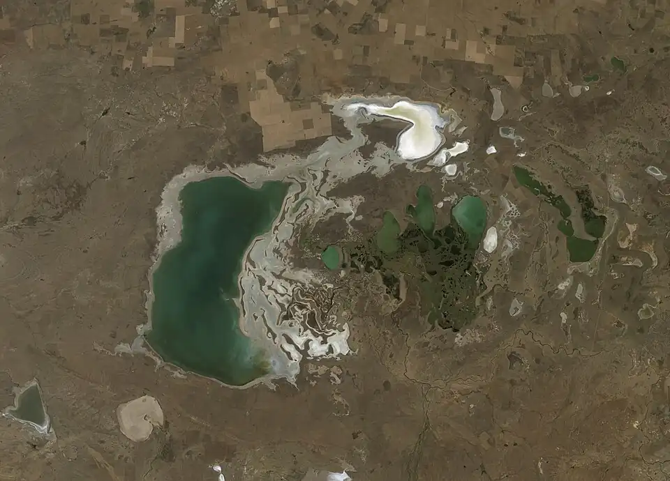 Tengiz Lake with a relative low level, 3 September 2011, north-east part and lake margins dried up, photo taken by Landsat 5 satellite.