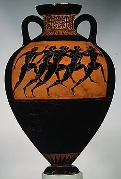 Panathenaic prize amphora for runners; c. 530 BC; terracotta; height: 62.2 cm (241⁄2 in.); Metropolitan Museum of Art (New York City)