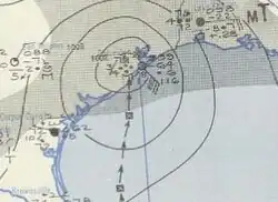 A map showing closed isobars and several surface observations as a hurricane made landfall