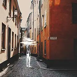 Amy standing in the streets of Gamla Stan with his face scribbled