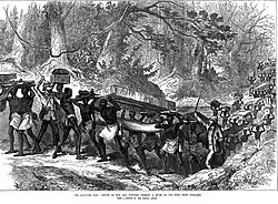 Convoy of Sick and Wounded crossing a River on the Road to Coomassie, 1874