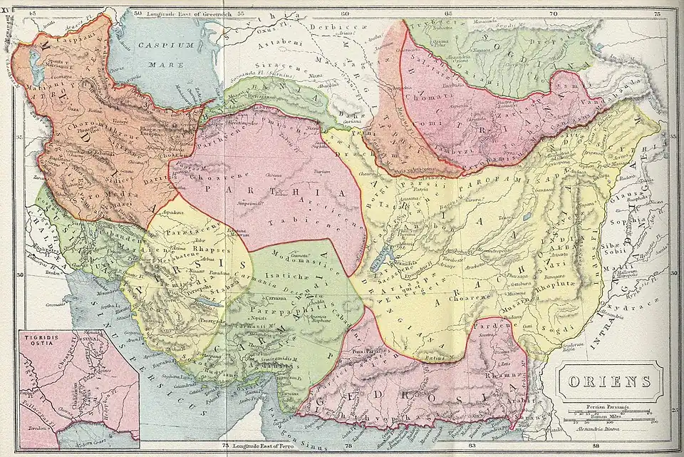 Map of Ariana (yellow) among the historic Iranian regions, based on descriptions by Eratosthenes of Cyrene. Published in the Atlas of Ancient and Classical Geography by Samuel Butler and Ernest Rhys, 1908.