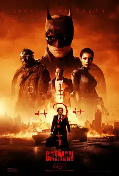 Bruce Wayne is walking in the bottom center with the Batmobile, some flames, and a cityscape behind him, and a giant red question mark in front. The Batman is in the top center, with the Penguin in the middle, the Riddler to the left, and Catwoman to the right. The tagline "Unmask the Truth" is displayed above Batman's cowl, while the logo for "The Batman" with a bat symbol emblem and the release date are inscribed at the bottom.