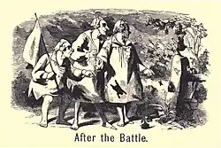 An engraving depicting three men in nightclothes, one holding a white flag. Numerous bullfrogs appear to be flying through the air. The illustration is captioned "After the Battle."