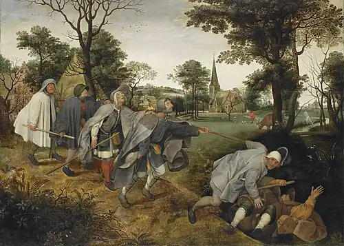 A painting of a procession of six blind men. The guide has fallen, and the rest are about to fall.