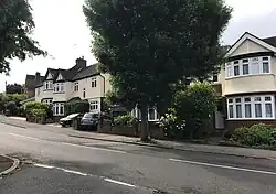 A view of The Charter Road from the green between it and Henry's Avenue, showing semi-detached houses in the Highams Estate