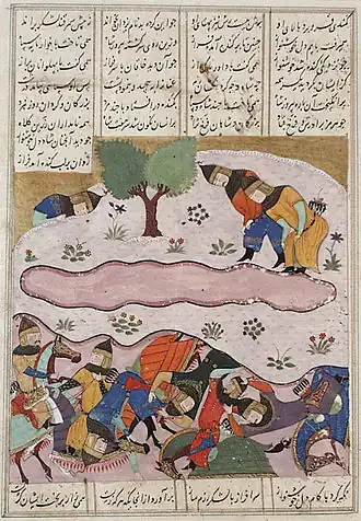 A 15th-century Shahnameh illustration showing the defeat and death of Peroz I