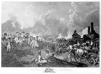 Black and white print shows a busy scene filled with mounted officers, soldiers, gunners and teamsters. In the background there is a city being bombarded with lots of smoke.