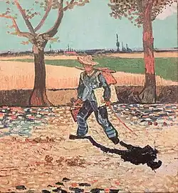 A painting by Van Gogh showing a lone artist, presumably the artist himself, walking along a dusty road carrying his easel and painting equipment in Arles.
