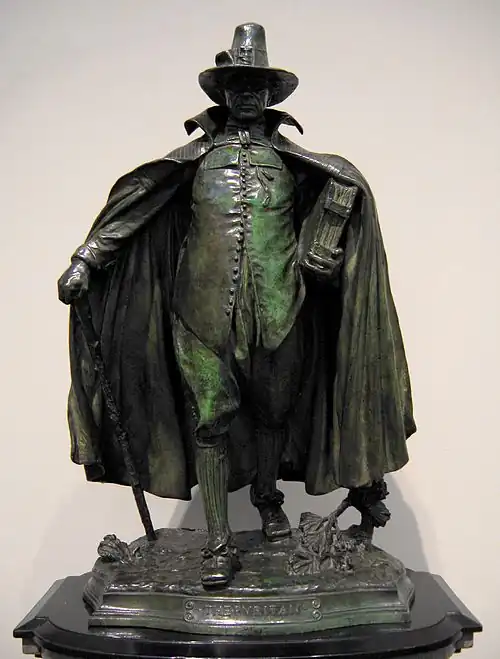 The Puritan, bronze (1883–1886), outdoors in Springfield, Massachusetts, and indoors at the Metropolitan Museum of Art and the National Gallery of Art