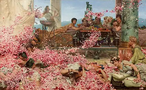 The Roses of Heliogabalus; by Lawrence Alma-Tadema; 1888; oil on canvas; 1.3 x 2.1 m; private collection of Juan Antonio Pérez Simón[213]