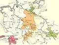 Territory of the Ascanian Duchy of Saxony around 1235 (highlighted in green), consisting of parts of the former Duchy of Saxony around Wittenberg and at Lauenburg and the Hadeln area