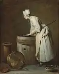 Painting of scullery maid with kitchen pans