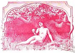 Bright red etching of a nude woman seductively offering an apple