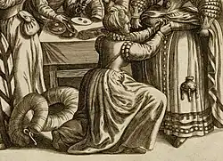 In the center, one woman kneels and ties together the strings on the end of a padded roll wrapped around another woman between layers of her dress. Another padded roll lies coiled on the floor. Masks lie on a table in the background, and another person picks one up.