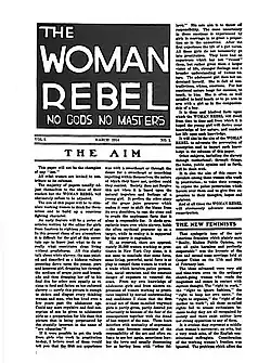 Cover page of a newsletter with the title "the woman rebel", subtitle "No Gods, No Masters"