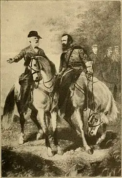 Lithograph illustration, two Confederate officers conversing on horseback