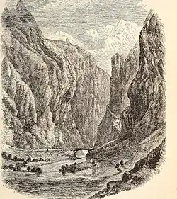 Black-and-white sketch of a mountain defile, with a river crossed by a bridge