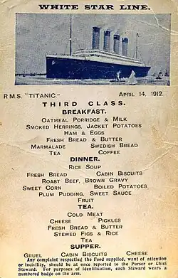 The image depicts the third class menu of the RMS Titanic on the day of her sinking on the 14th of April, 1912, showing Gruel as part of the menu.