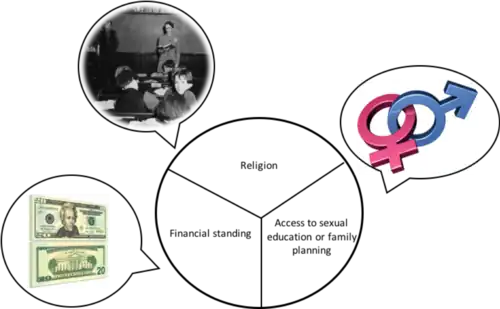 In the image, there are three separate pictures that depict each subcategory in a visual nature. The finance is represented by U.S currency, religion is depicted through an amish school house, and family planning is portrayed by a sex symbol.