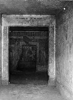 View of the interior of tomb QV52. Photograph taken from the vestibule, in the direction of the burial chamber. In the background, the decoration of the back wall of the rear annex.