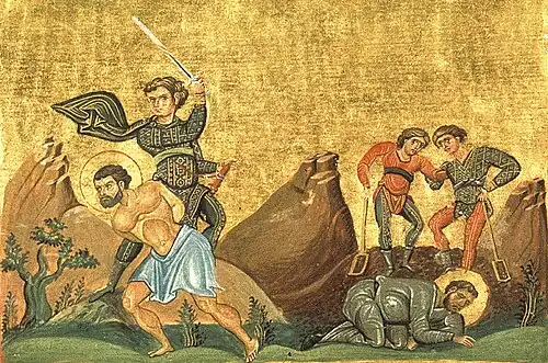Martyrdom of Theopemptus, Bishop of Nicomedia and Theonas, former sorcerer (Menologion of Basil II, 10th century)