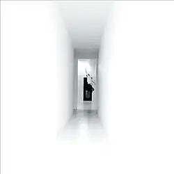 A photo of a man jumping out of a window in a white hallway
