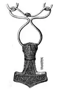Drawing of a 4.6 cm gold-plated silver Mjölnir pendant found at Bredsätra on Öland, Sweden