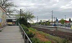 View from the walkway connecting the transit center's bus facility with the rail platform