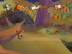 Screenshot showing Tigger on the left of the screen on a forested level. Tigger stands next to a tree log on a path. The UI at the top of the screen shows the number of lives the player has, the number of honey pots they have collected, and the time spent playing the level so far.
