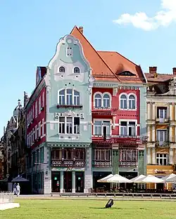 Brück House in Timișoara, today in Romania (1911). Along with Oradea, Timișoara is part of the Art Nouveau European Route[92]