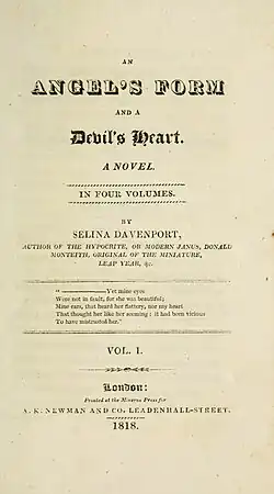 Title page of Selina Davenport's An Angel's Form and a Devil's Heart: a Novel (London: Minerva Press, 1818)